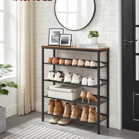 Shoe Rack for Entryway, 5 Tier Shoe Storage Shelves, 16-20 Pairs Shoe Organizer, with Sturdy Wooden Top and Steel Frame, Free Standing, Industrial, Rustic Brown and Black ULBS038B01