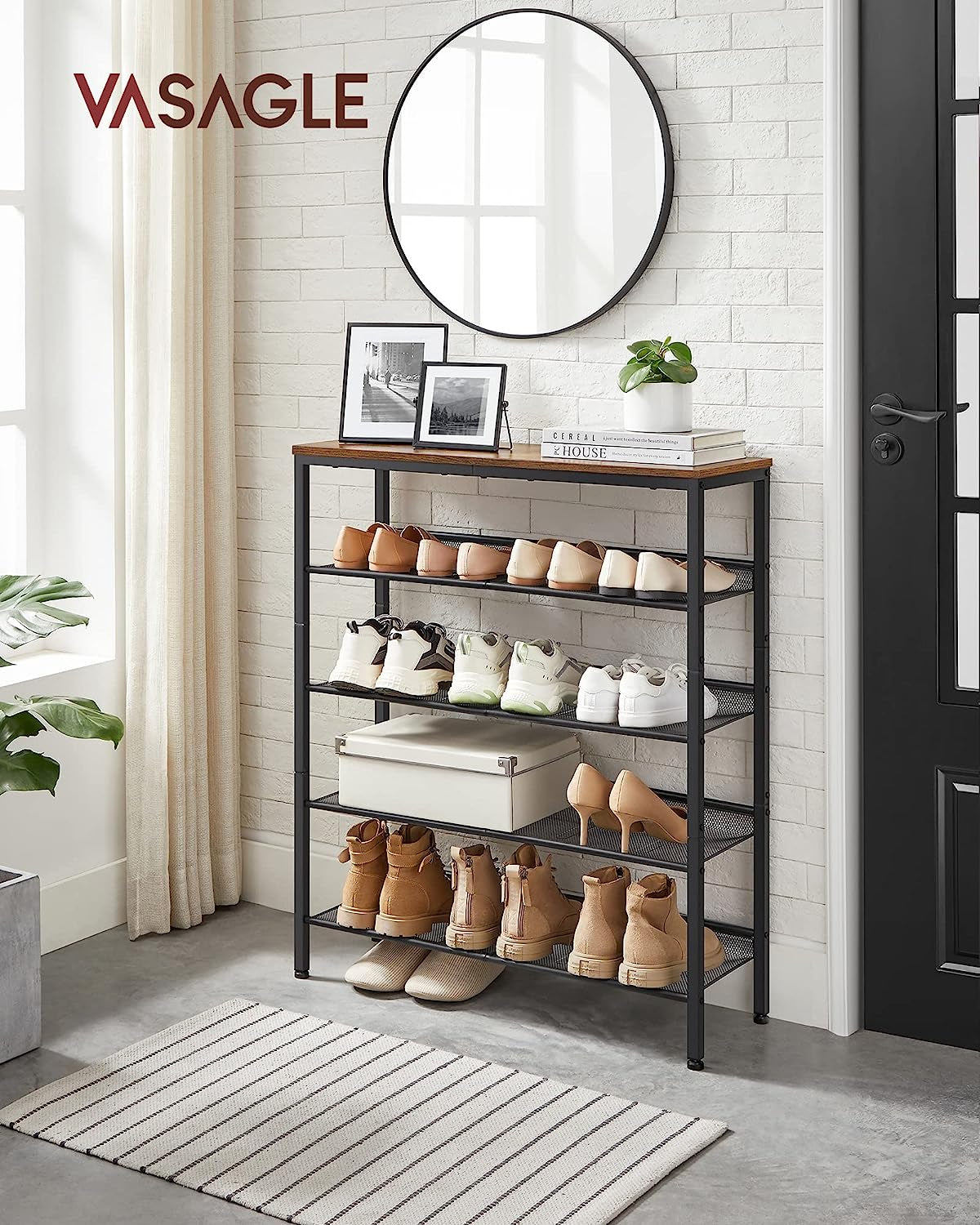 Shoe Rack for Entryway, 5 Tier Shoe Storage Shelves, 16-20 Pairs Shoe Organizer, with Sturdy Wooden Top and Steel Frame, Free Standing, Industrial, Rustic Brown and Black ULBS038B01