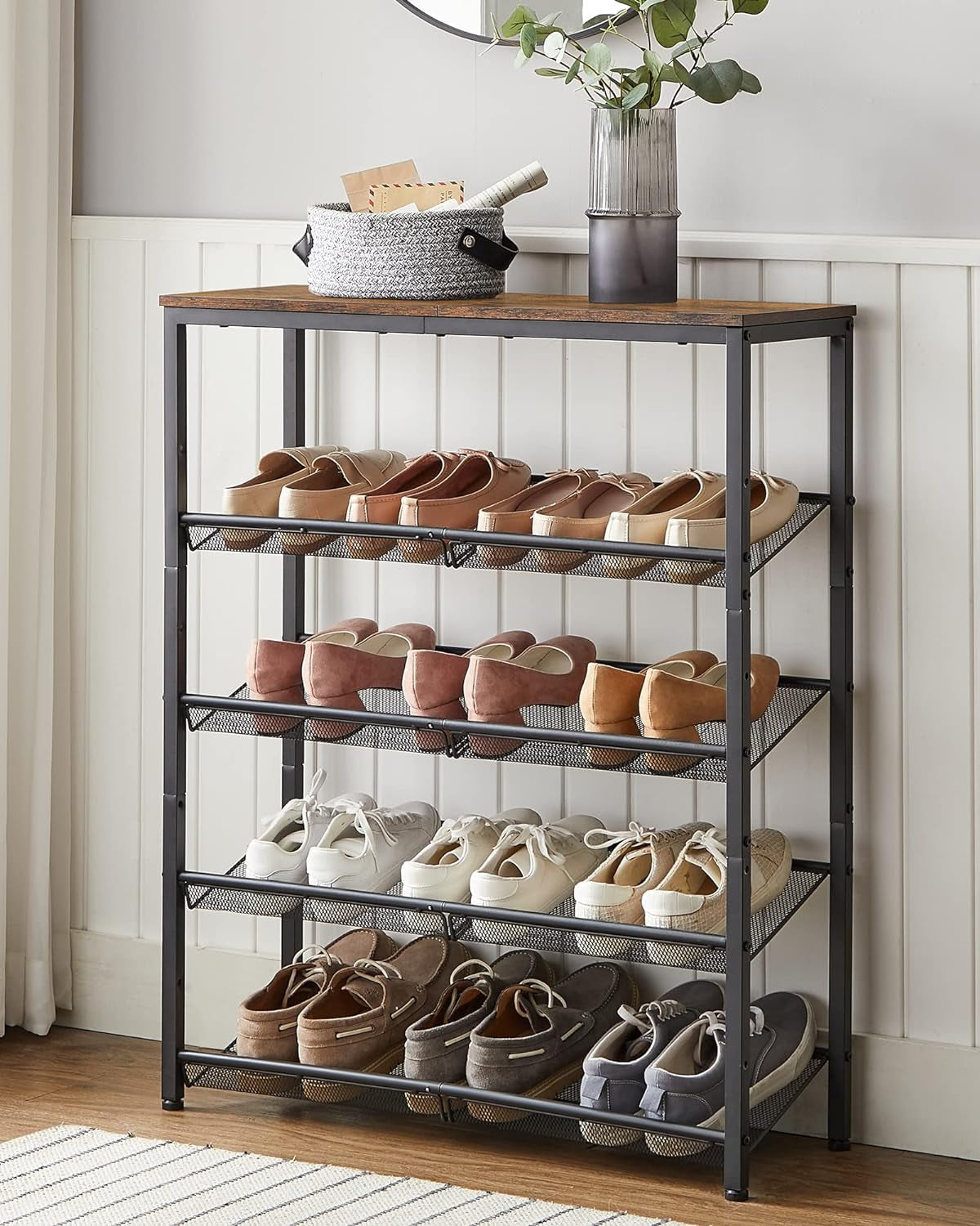 Shoe Rack for Entryway, 5 Tier Shoe Storage Shelves, 16-20 Pairs Shoe Organizer, with Sturdy Wooden Top and Steel Frame, Free Standing, Industrial, Rustic Brown and Black ULBS038B01