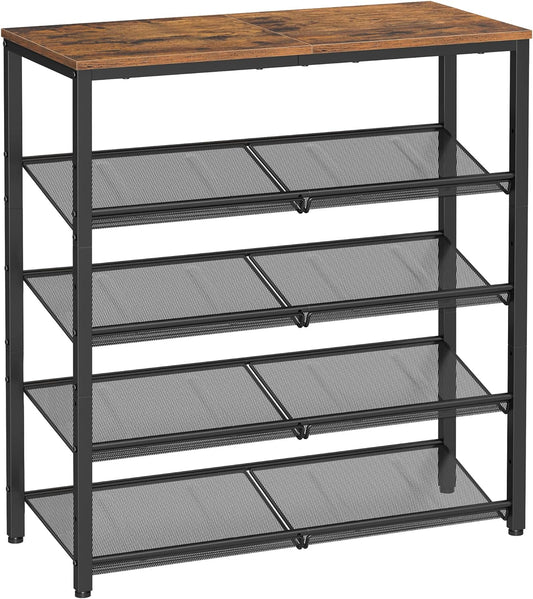 Shoe Rack for Entryway, 5 Tier Shoe Storage Shelves, 16-20 Pairs Shoe Organizer, with Sturdy Wooden Top and Steel Frame, Free Standing, Industrial, Rustic Brown and Black ULBS038B01