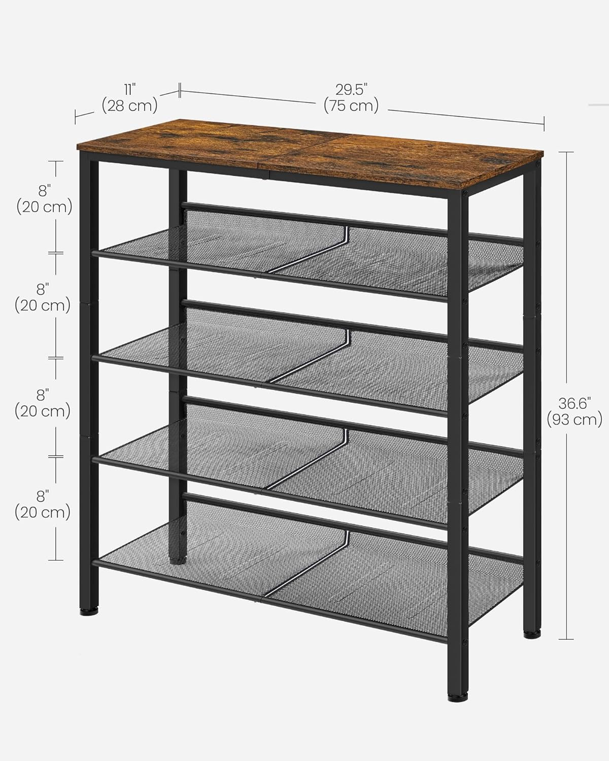 Shoe Rack for Entryway, 5 Tier Shoe Storage Shelves, 16-20 Pairs Shoe Organizer, with Sturdy Wooden Top and Steel Frame, Free Standing, Industrial, Rustic Brown and Black ULBS038B01
